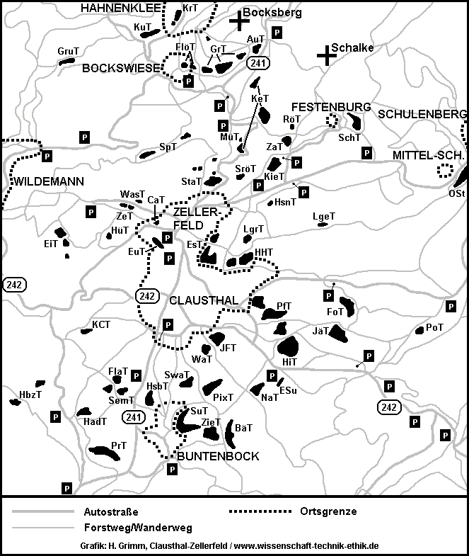 Uebersichtskarte zu den Teichen rund um Clausthal-Zellerfeld, Buntenbock und Hahnenklee-Bockswiese